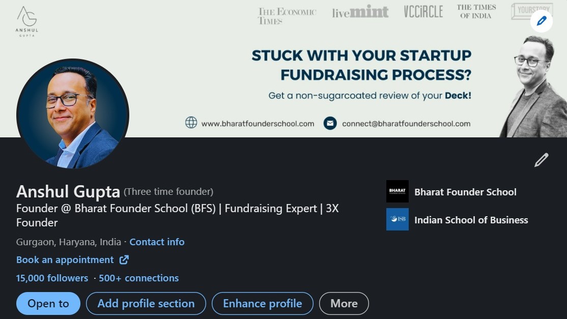 LinkedIn profile showing 15K followers
