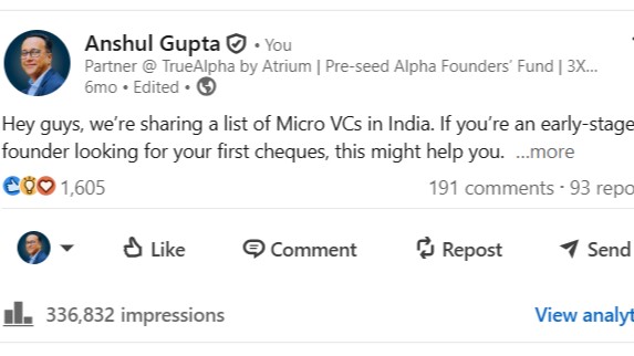 LinkedIn post with impressions count